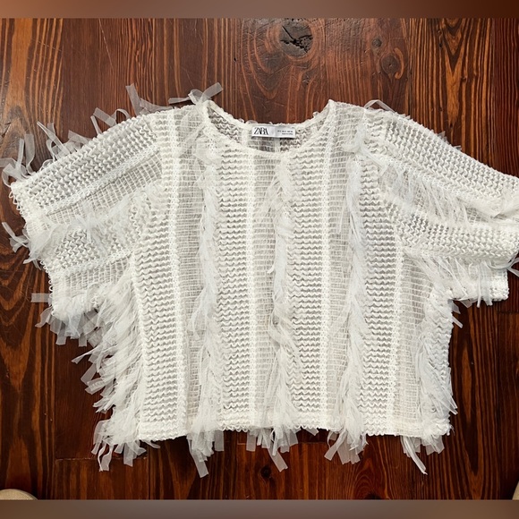 ZARA White Tulle Fringe Top EUC Slightly Cropped - Picture 2 of 7